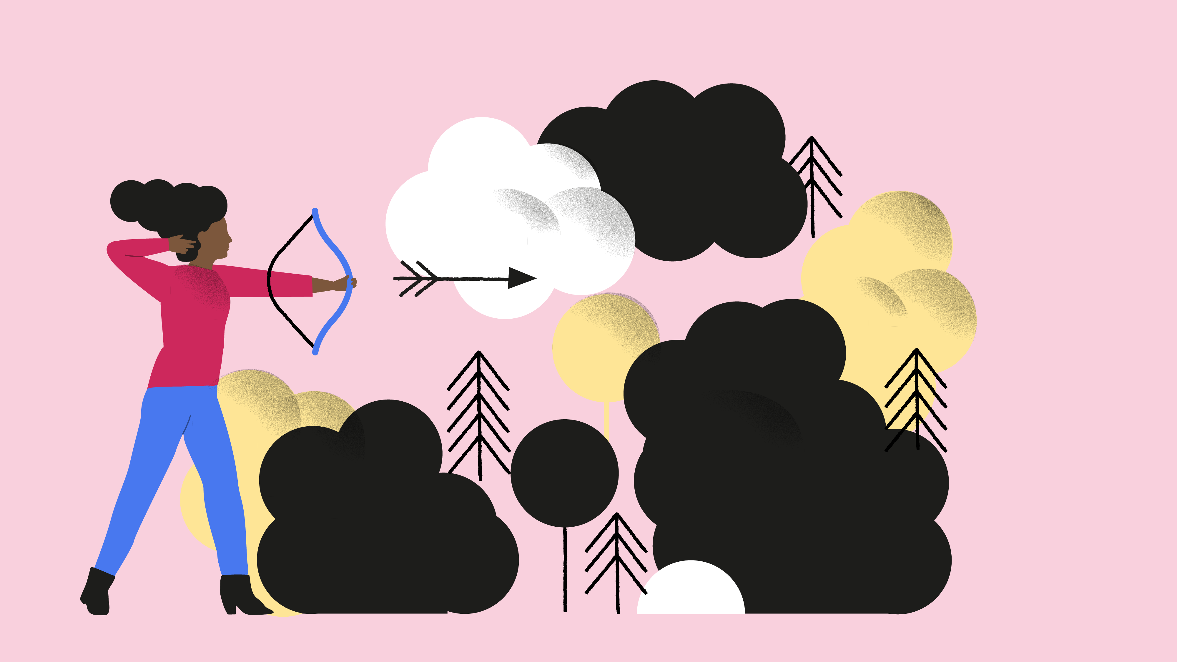 Illustration: Eine Person schiesst einen Pfeil in einen Wald. 