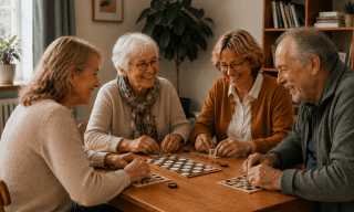 Vier Menschen sitzen gemeinsam beisammen und machen ein Brettspiel